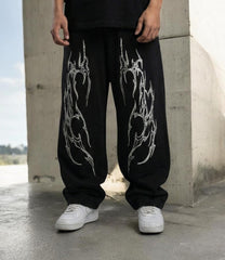 Men Black Graphic Baggy Pants – Streetwear Loose Fit Trousersx